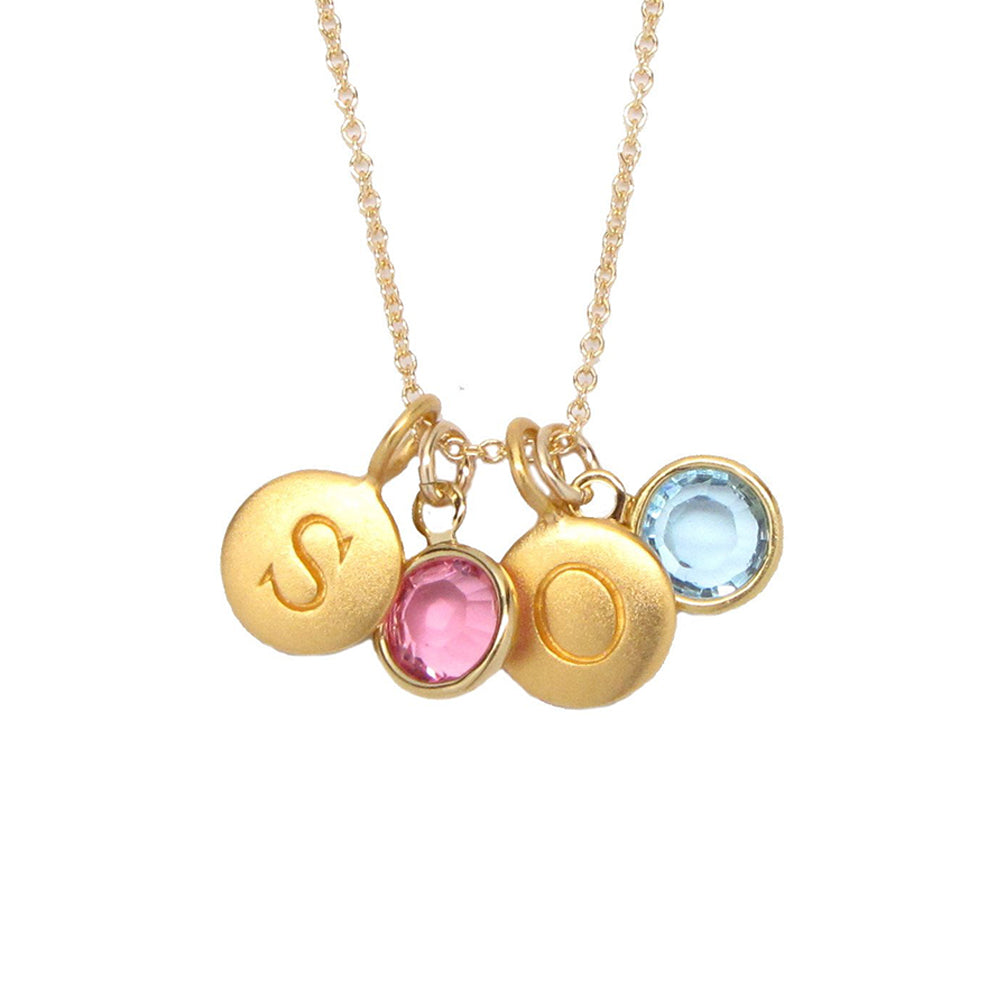2 Gold Initial & 2 Birthstone Charm Necklace