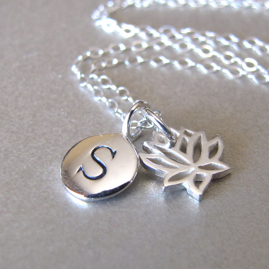 Silver Initial & Lotus Charm Necklace