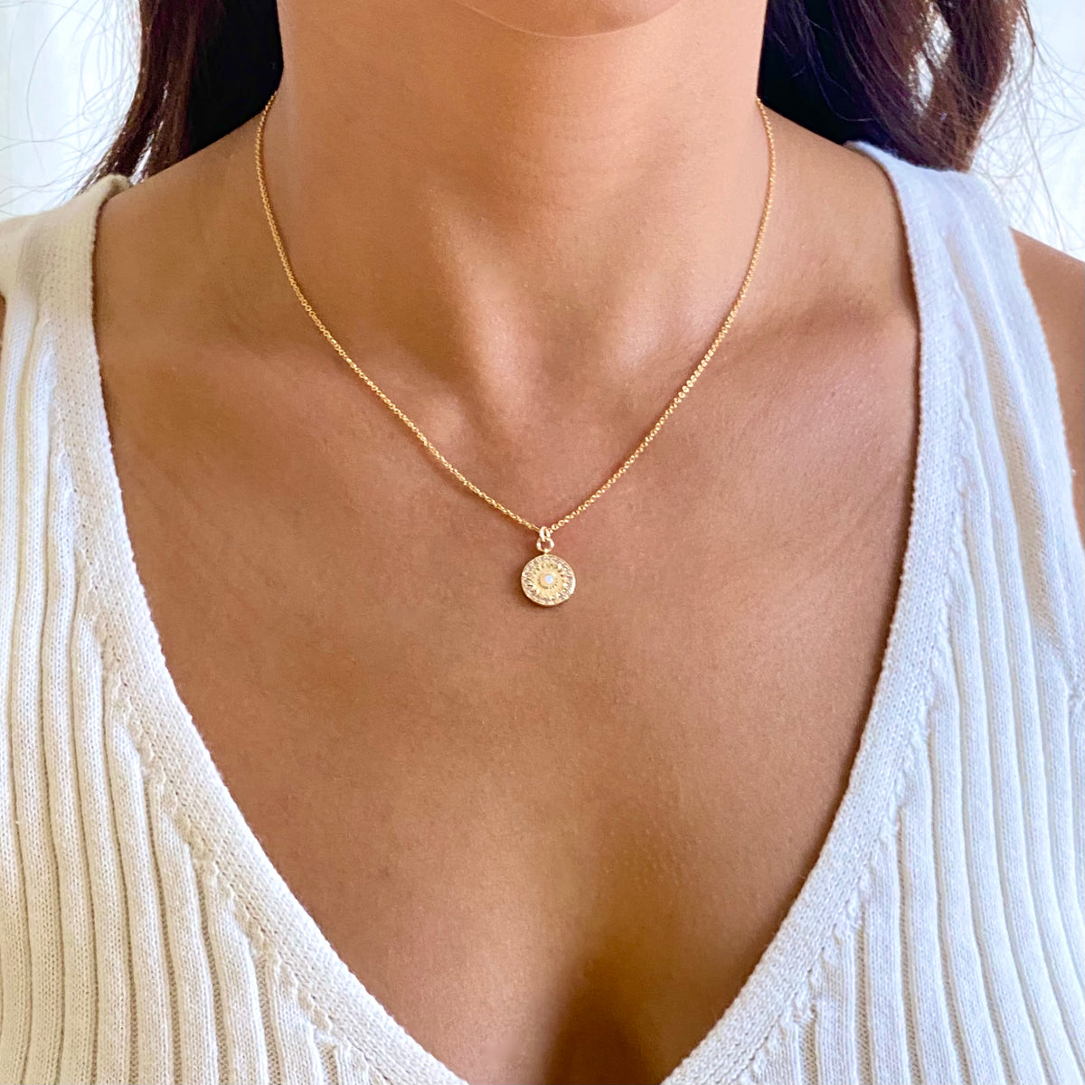 Opal & Cubic Zirconia Coin Pendant Necklace | Tangerine Jewelry Shop