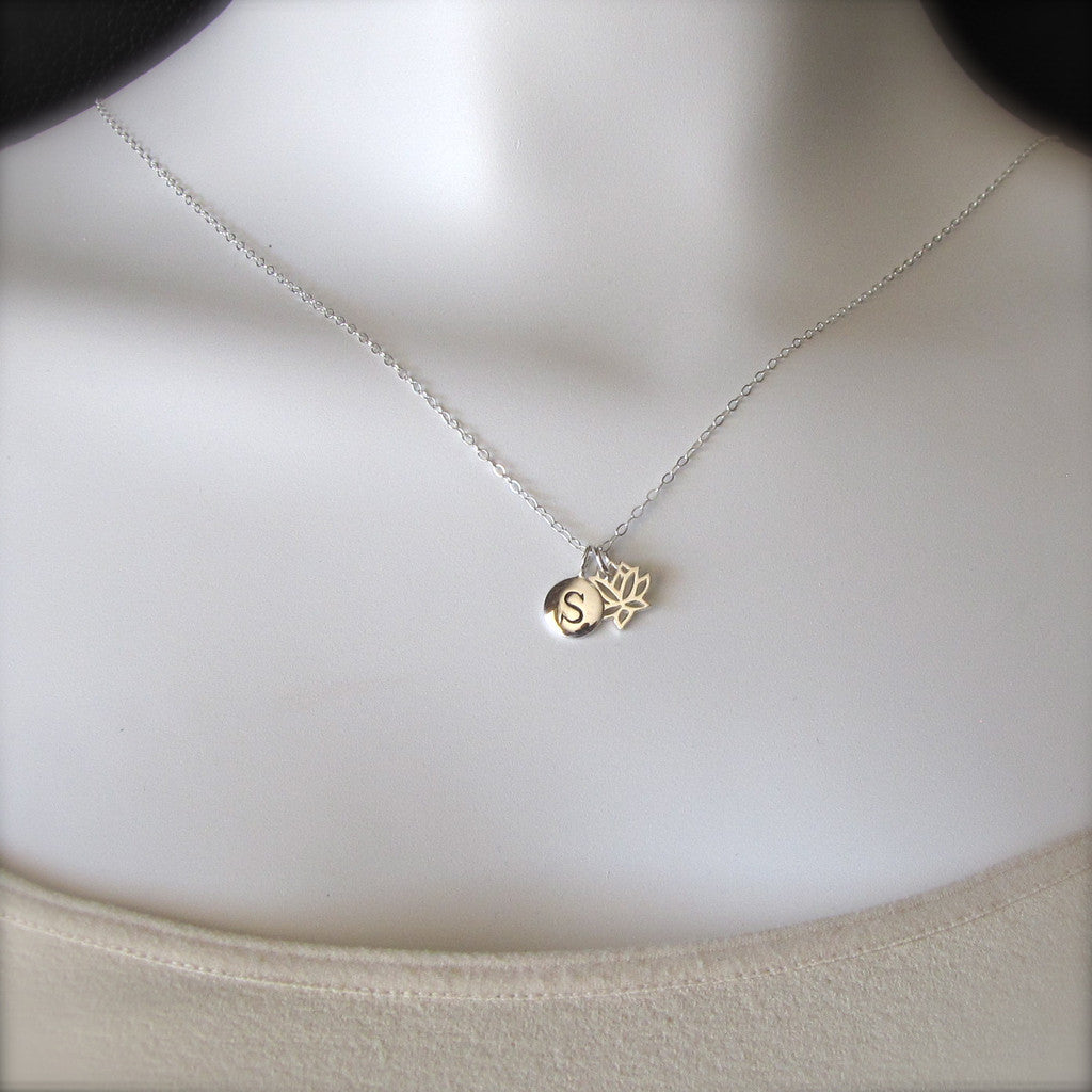 Silver Initial & Lotus Charm Necklace