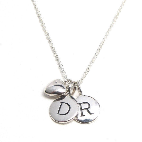 2 Silver Initial & Puffed Heart Charm Necklace