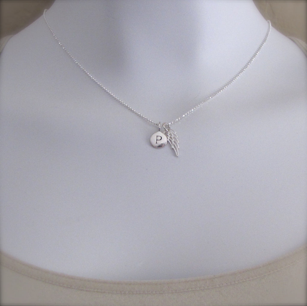 Silver Initial & Angel Wing Necklace