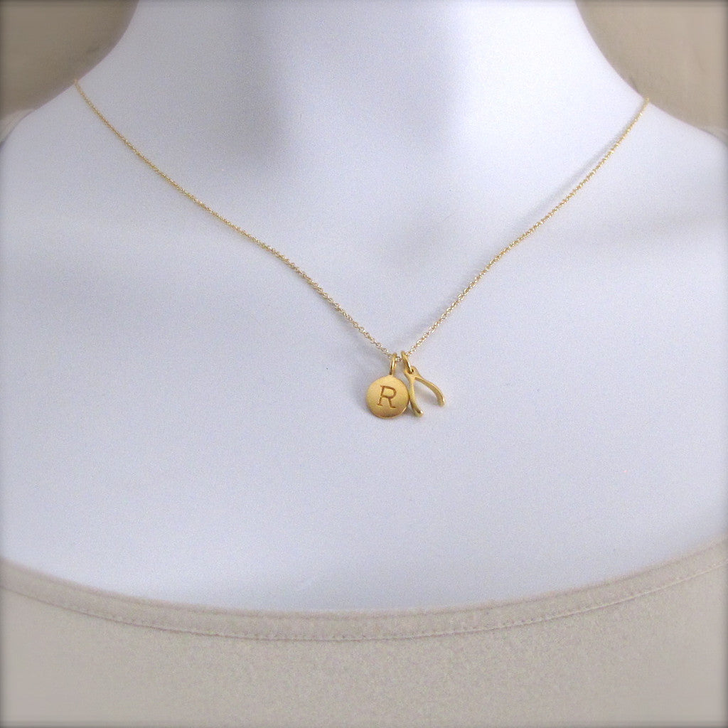 Gold Initial & Wishbone Charm Necklace