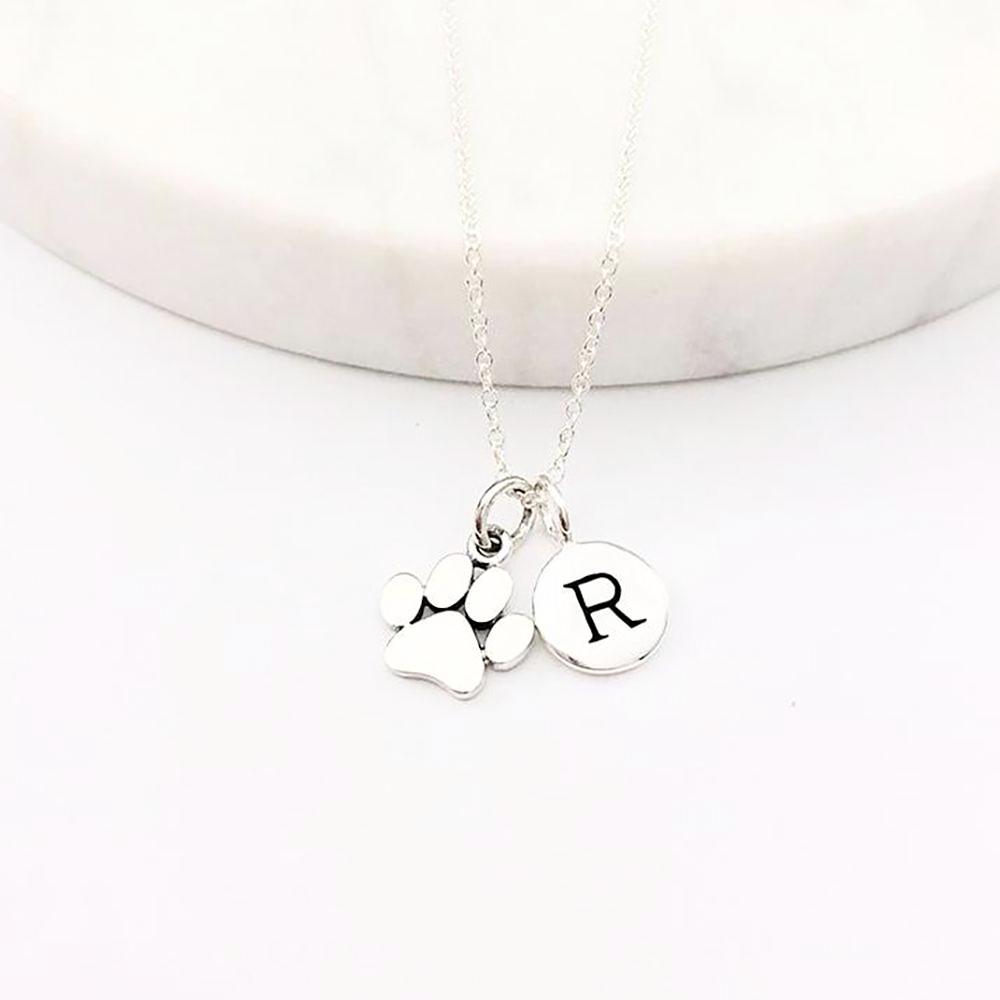 Silver Paw & Initial Charm Necklace