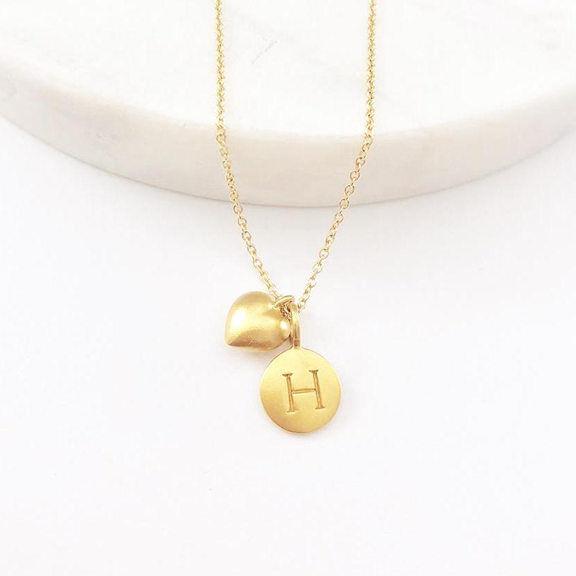 Gold Initial & Puffed Heart Charm Necklace