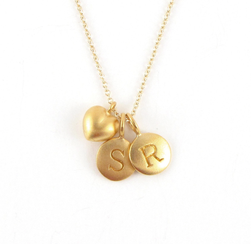 Gold 2 Initial & Puffed Heart Charm Necklace