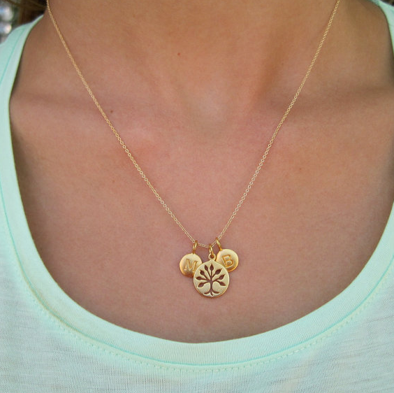 Gold 2 Initial & Tree Charm Necklace