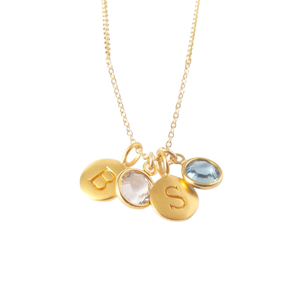 2 Gold Initial & 2 Birthstone Charm Necklace