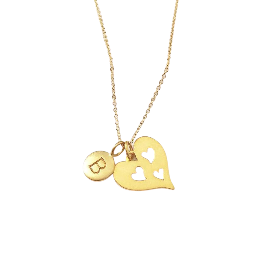 Gold Initial & 3 Heart Necklace