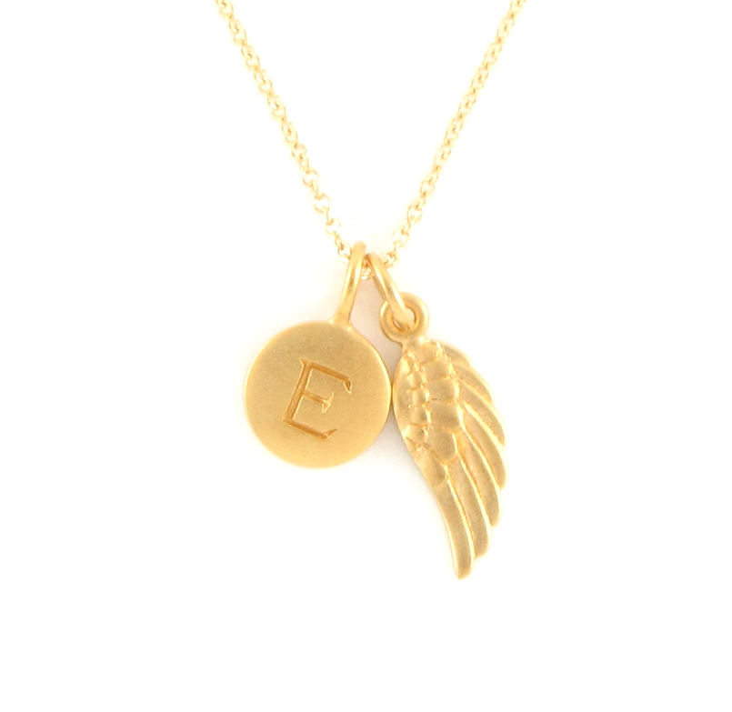 Gold Initial & Angel Wing Charm Necklace