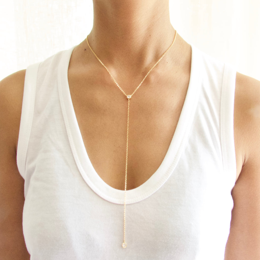 Gold solitaire Lariat Necklace