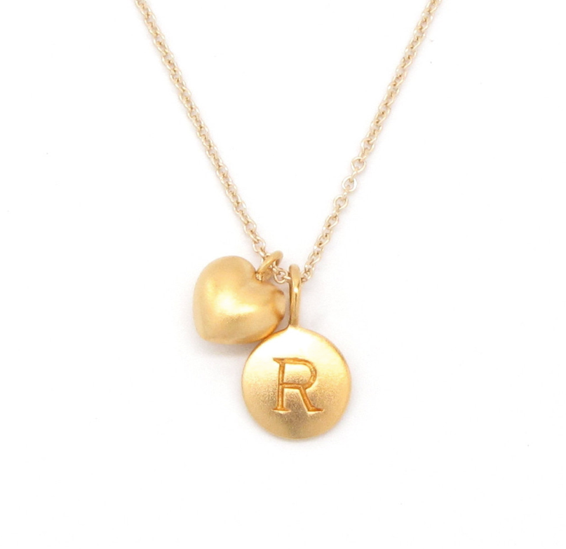 Gold Initial & Puffed Heart Charm Necklace