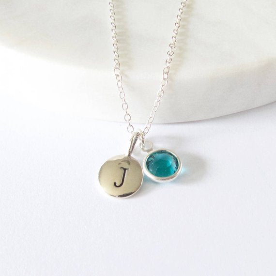 Silver Initial & Birthstone Charm Necklace