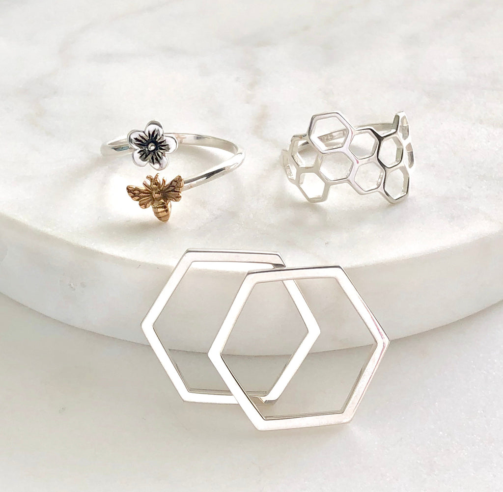 Silver Honeycomb Bee Ring